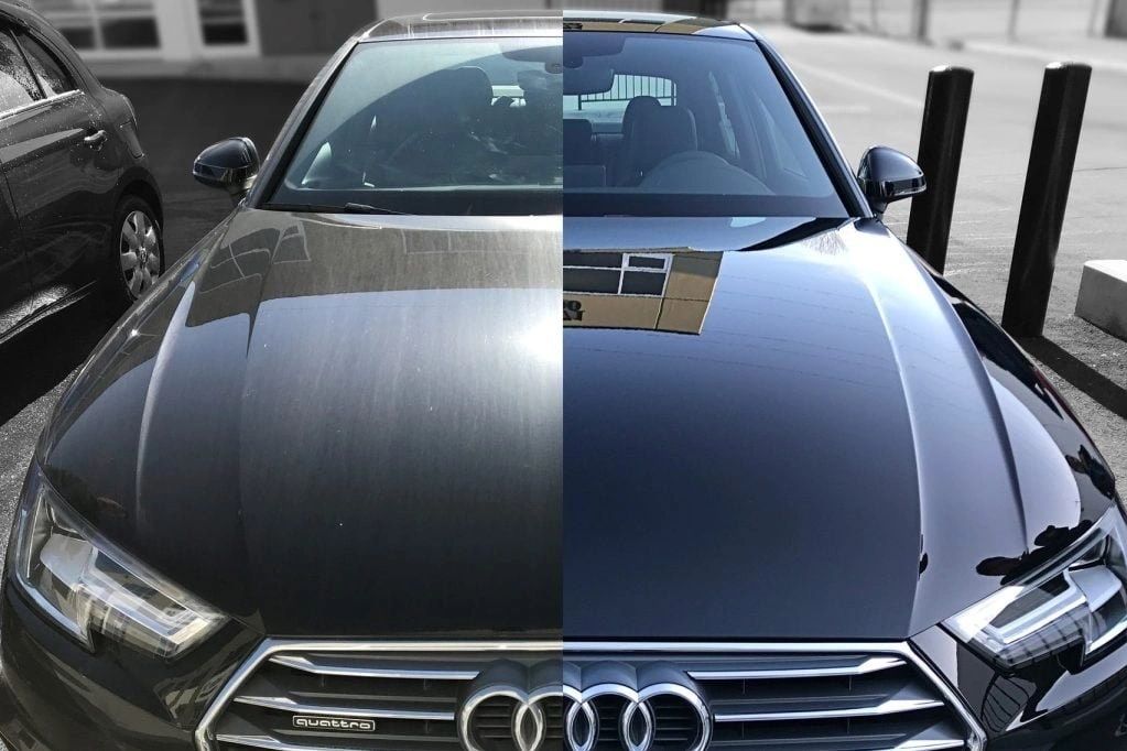 before and after paint correction on black car near riverside, ca